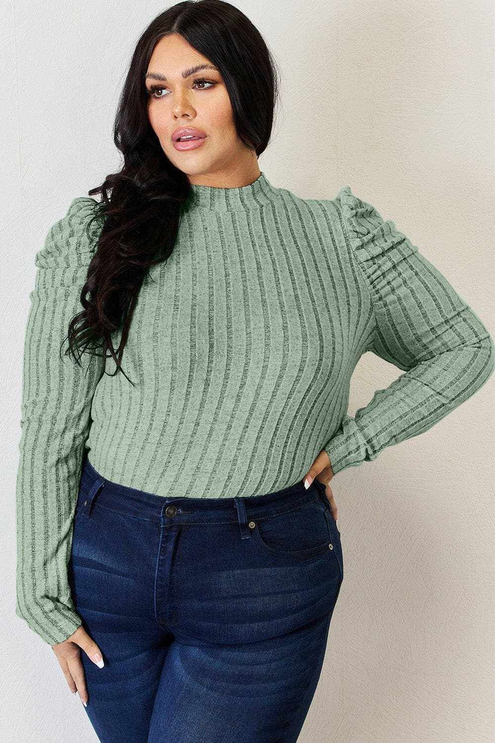 Women's Mock Neck Top Trendsi Women's Ribbed Mock Neck Puff Sleeve Top Long Sleeve