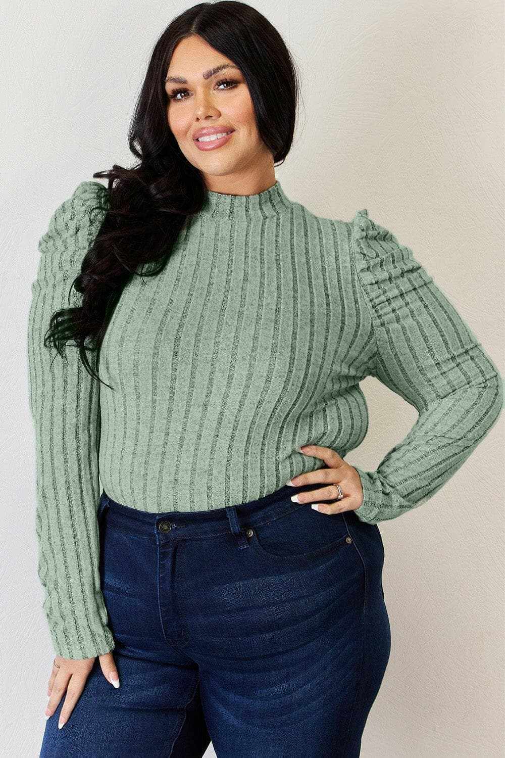 Women's Mock Neck Top Trendsi Women's Ribbed Mock Neck Puff Sleeve Top Long Sleeve