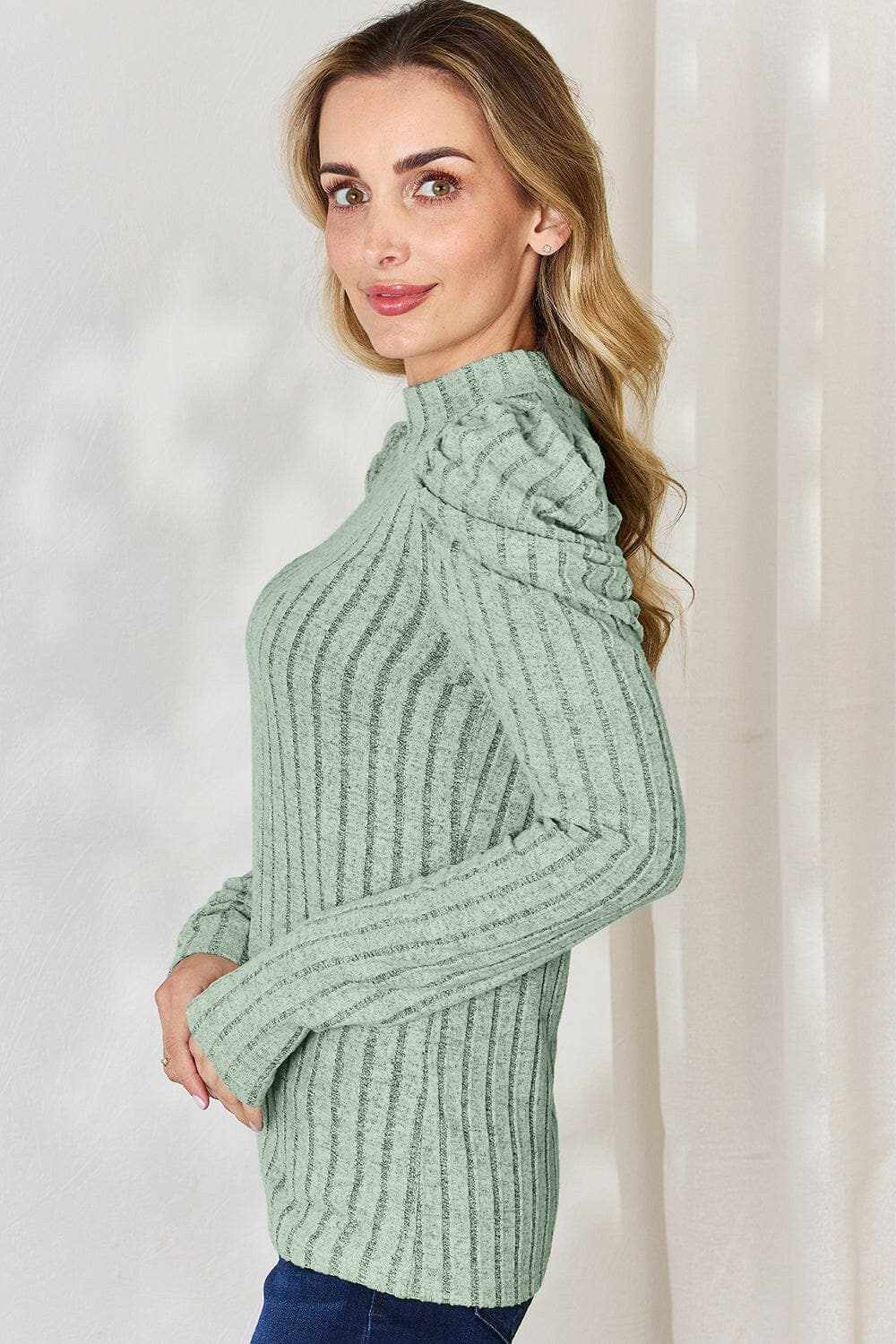 Women's Mock Neck Top Trendsi Women's Ribbed Mock Neck Puff Sleeve Top Long Sleeve
