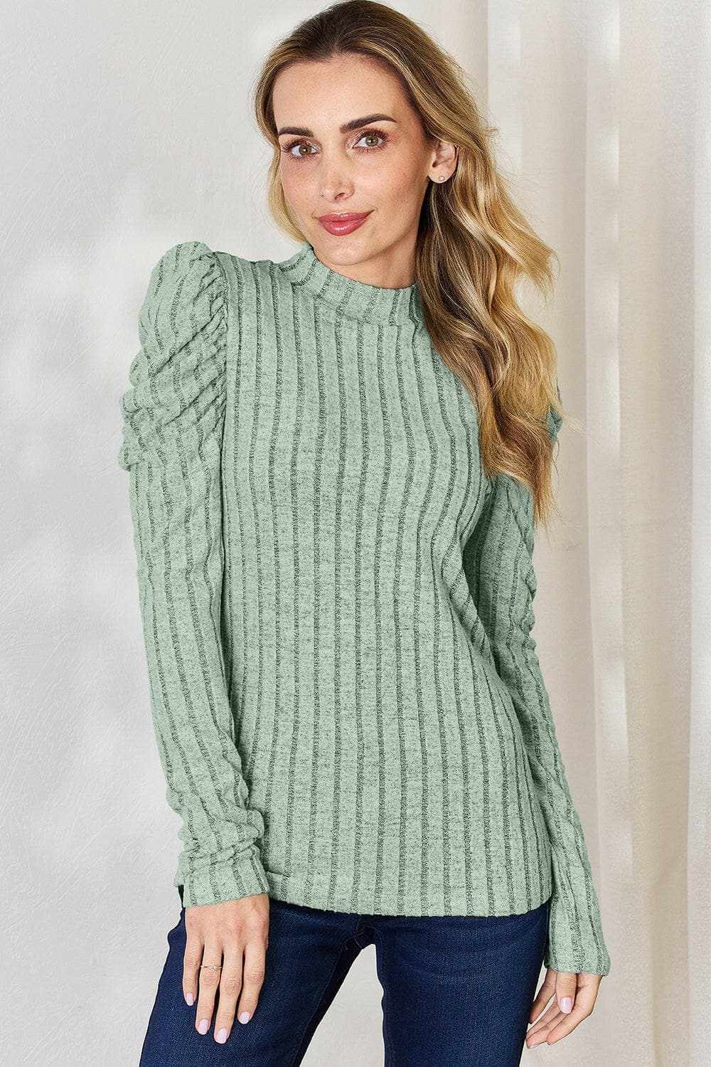 Women's Mock Neck Top Trendsi Women's Ribbed Mock Neck Puff Sleeve Top Long Sleeve