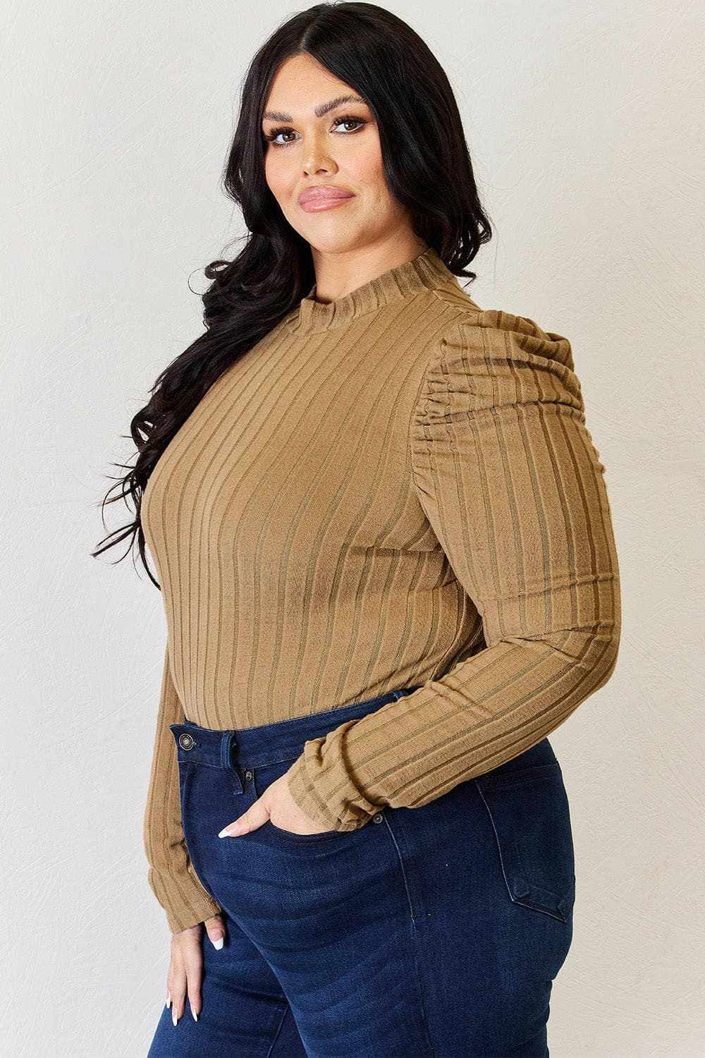 Women's Mock Neck Top Trendsi Women's Ribbed Mock Neck Puff Sleeve Top Long Sleeve