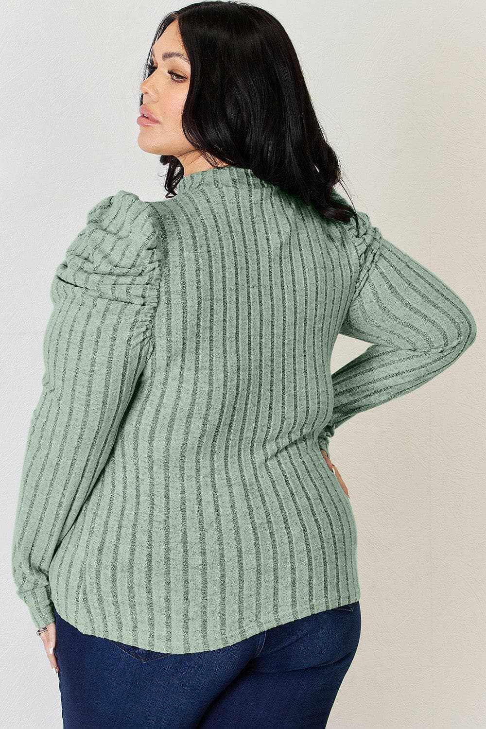 Women's Mock Neck Top Trendsi Women's Ribbed Mock Neck Puff Sleeve Top Long Sleeve