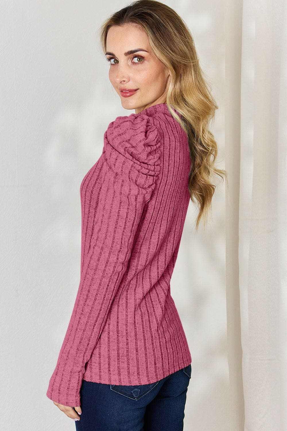 Women's Mock Neck Top Trendsi Women's Ribbed Mock Neck Puff Sleeve Top Long Sleeve