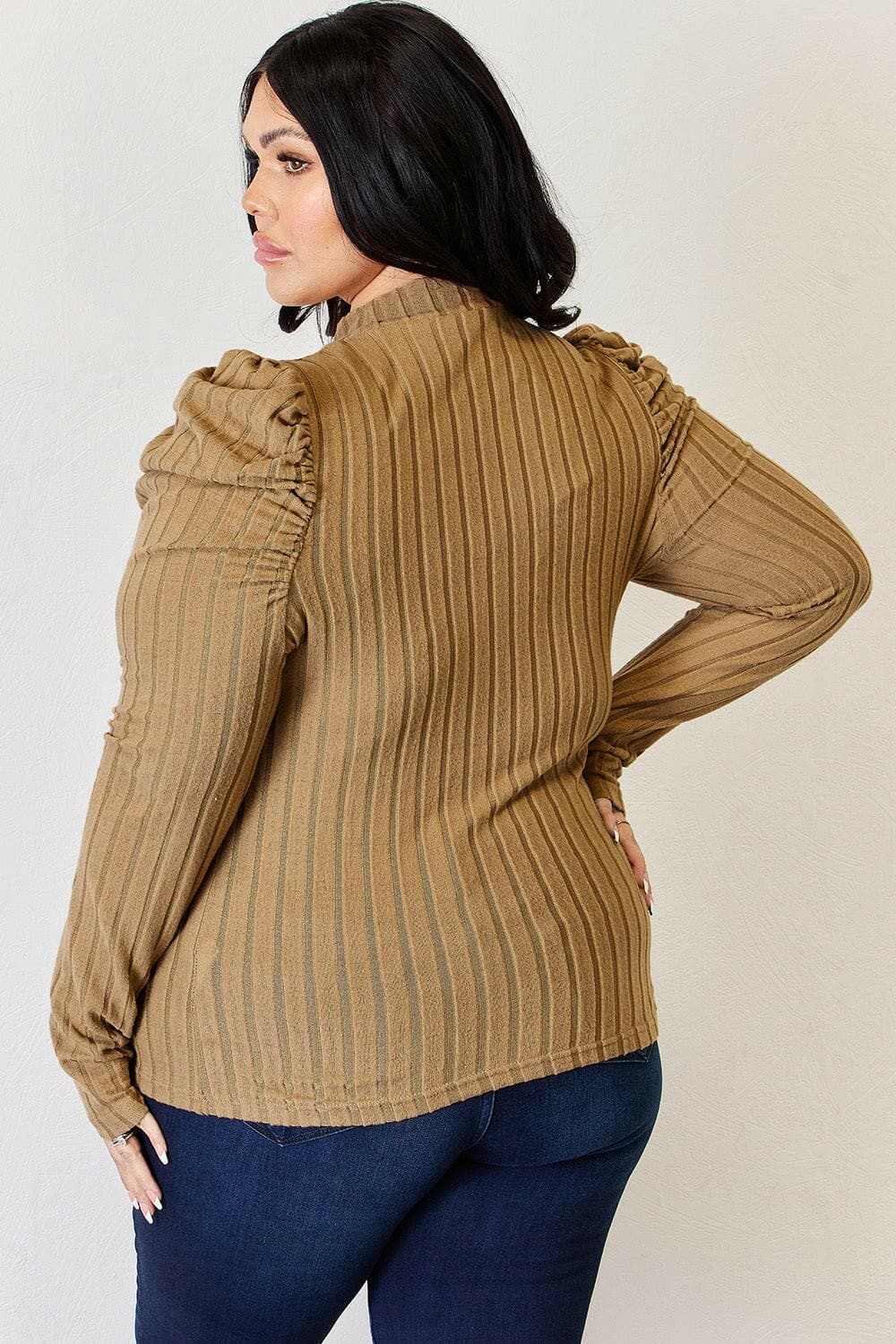 Women's Mock Neck Top Trendsi Women's Ribbed Mock Neck Puff Sleeve Top Long Sleeve