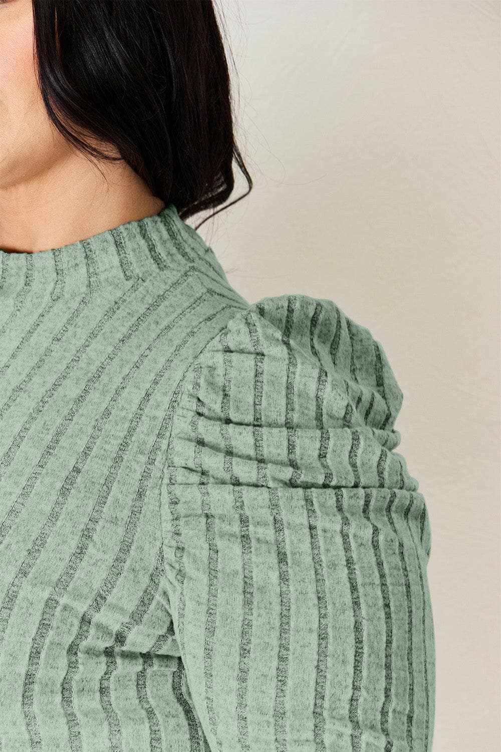 Women's Mock Neck Top Trendsi Women's Ribbed Mock Neck Puff Sleeve Top Long Sleeve