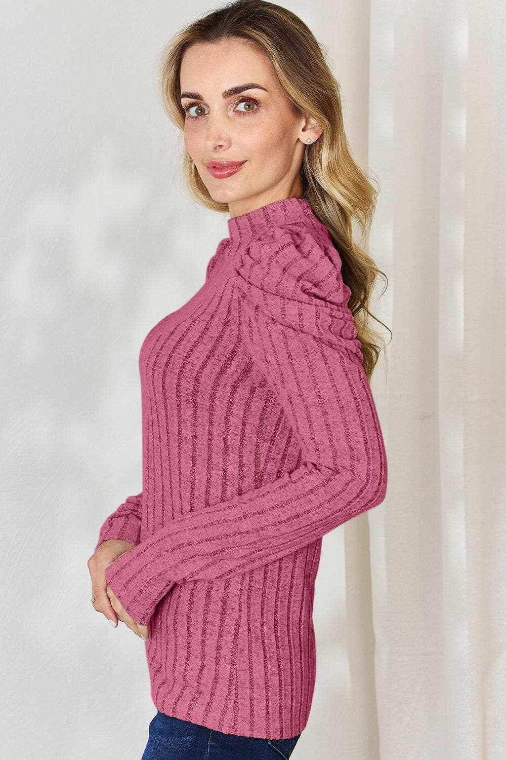 Women's Mock Neck Top Trendsi Women's Ribbed Mock Neck Puff Sleeve Top Long Sleeve