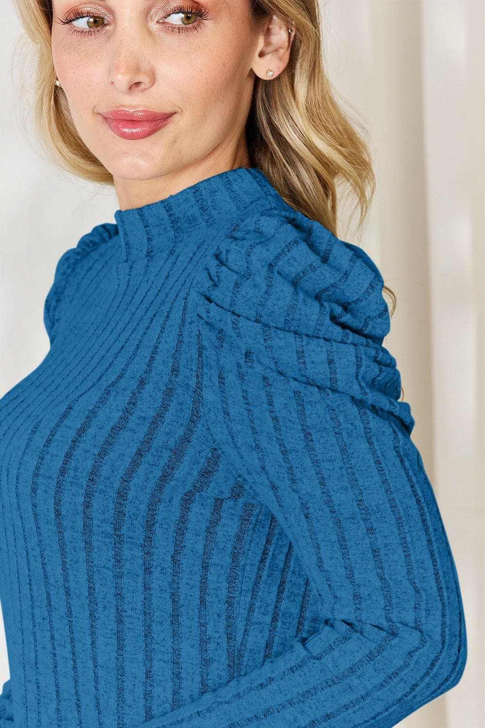 Women's Mock Neck Top Trendsi Women's Ribbed Mock Neck Puff Sleeve Top Long Sleeve
