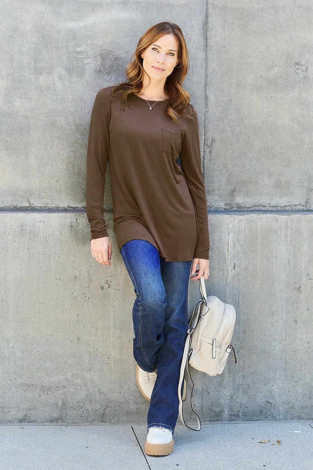 T-Shirts Trendsi TIKTOK - Luxe long sleeve top with pockets