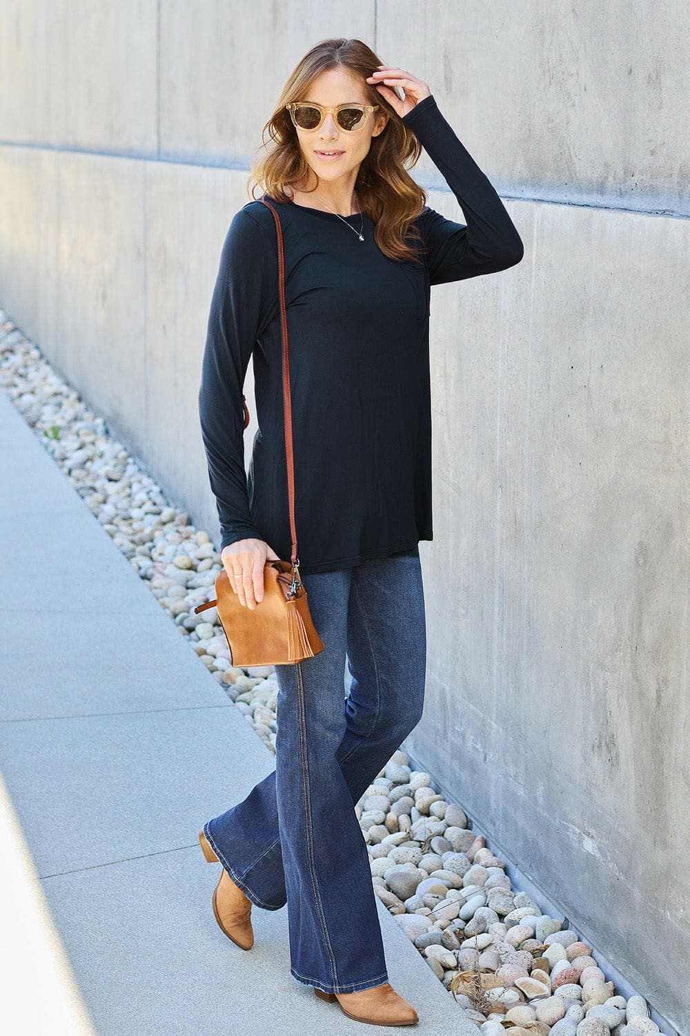 T-Shirts Trendsi TIKTOK - Luxe long sleeve top with pockets