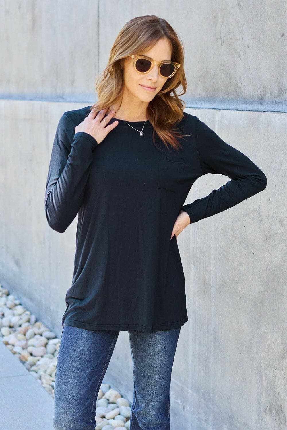 T-Shirts Trendsi TIKTOK - Luxe long sleeve top with pockets