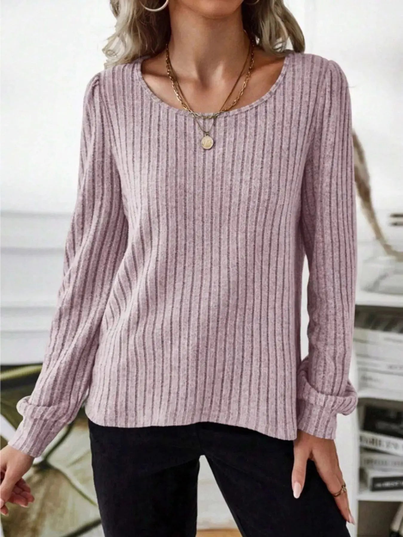 Ribbed Knit Long Sleeve T Shirt