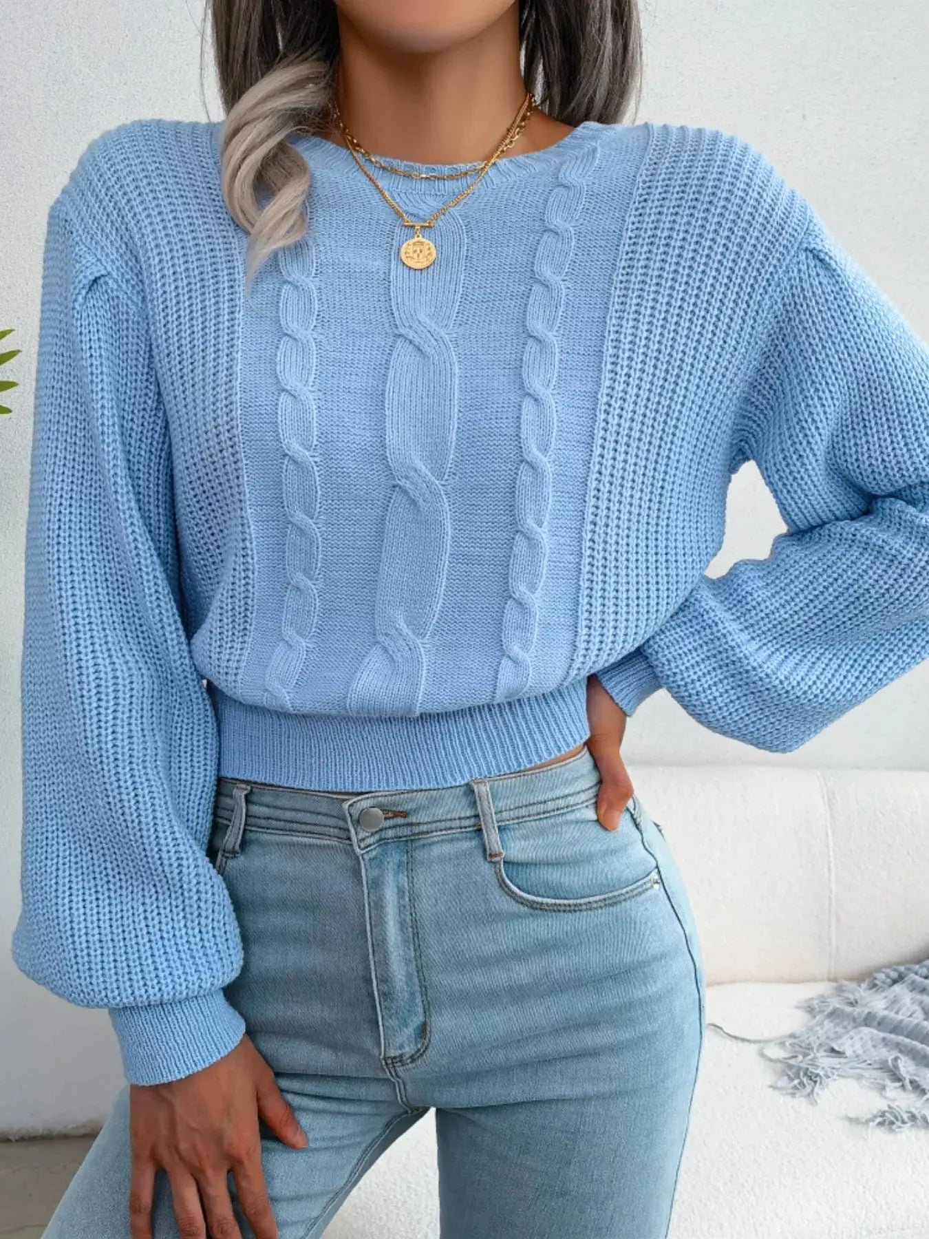 Cable Knit Crew Neck Cropped Sweater