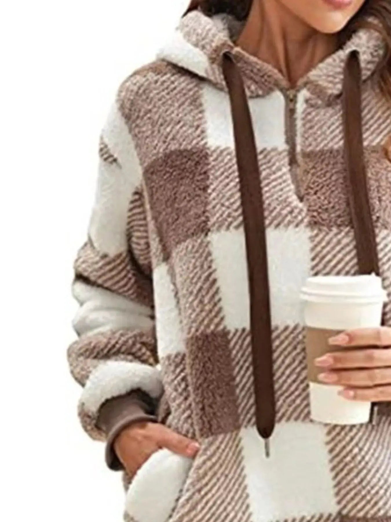 Plus Size Plaid Drawstring Sherpa Hoodie
