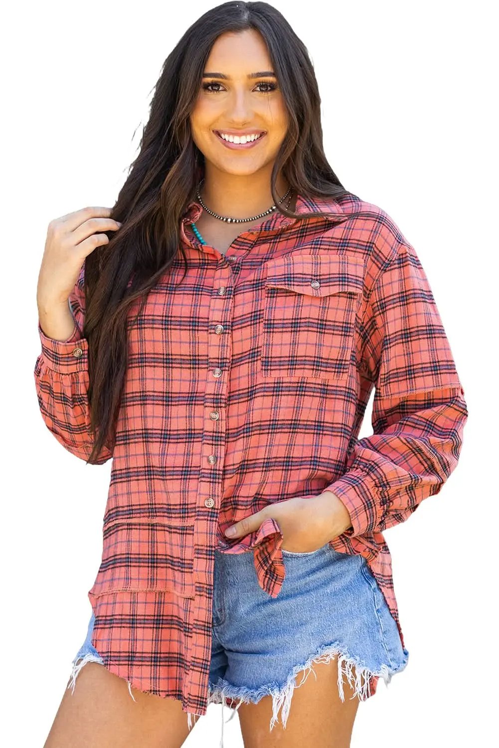 Love Salve Red Plaid Western Shirt — Distressed Cotton Top