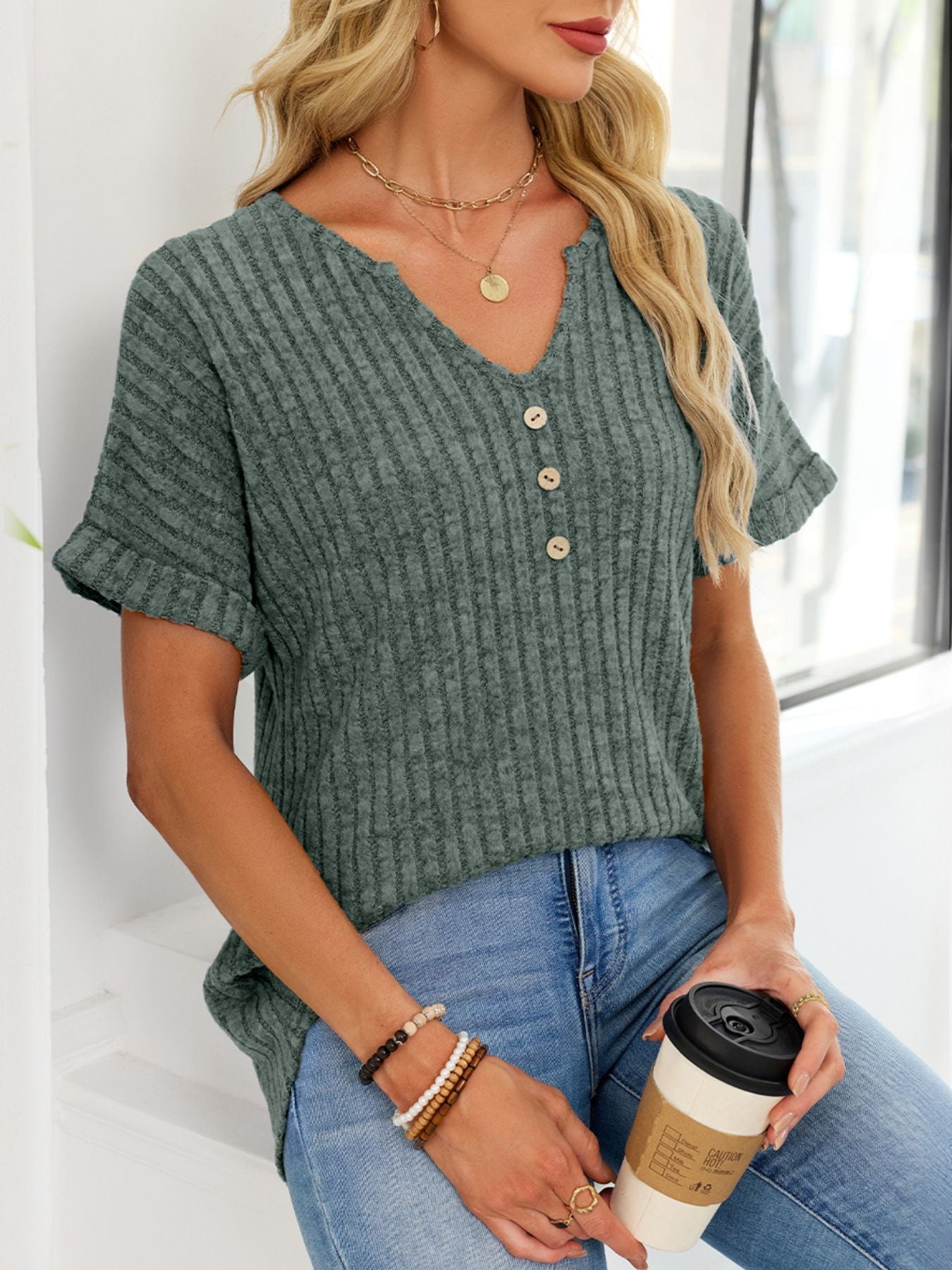 Women's Ribbed Knit Button V Neck Short Sleeve T Shirt
