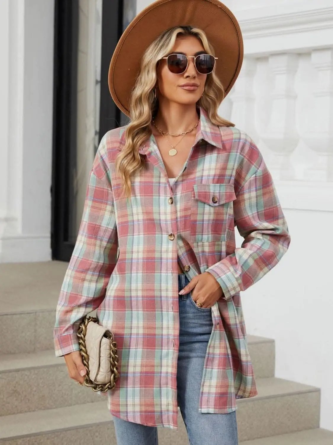 Trendsi Plaid Collared Shirt Long Sleeve — Casual Dusty Pink