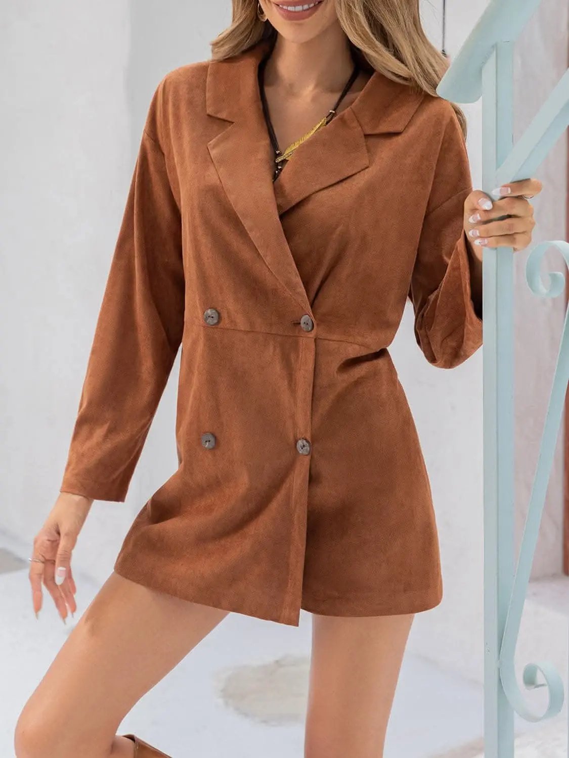 Lapel Collar Long Sleeve Romper | Trendsi Caramel