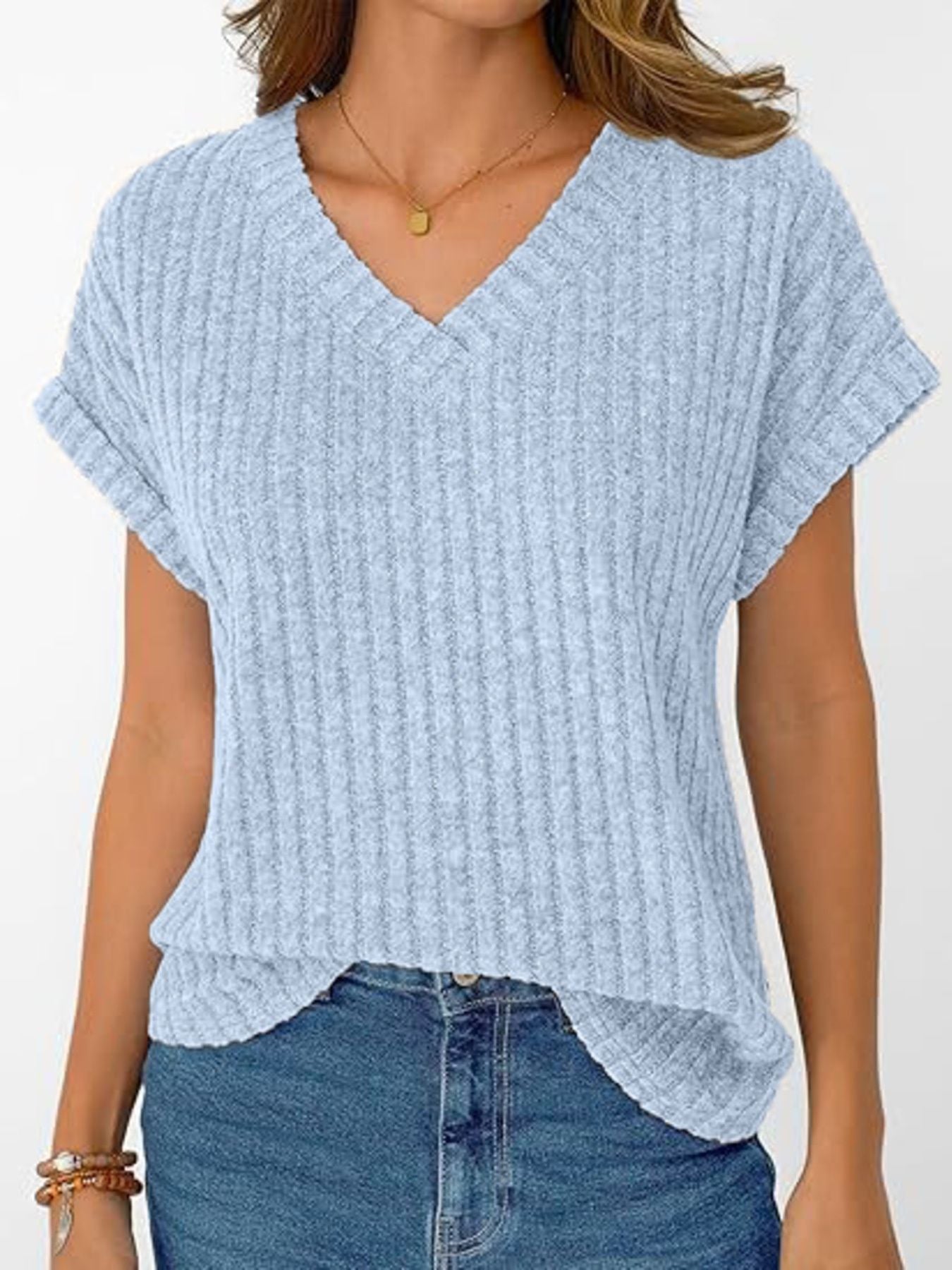 Ribbed Knit V Neck Relaxed Fit T Shirt