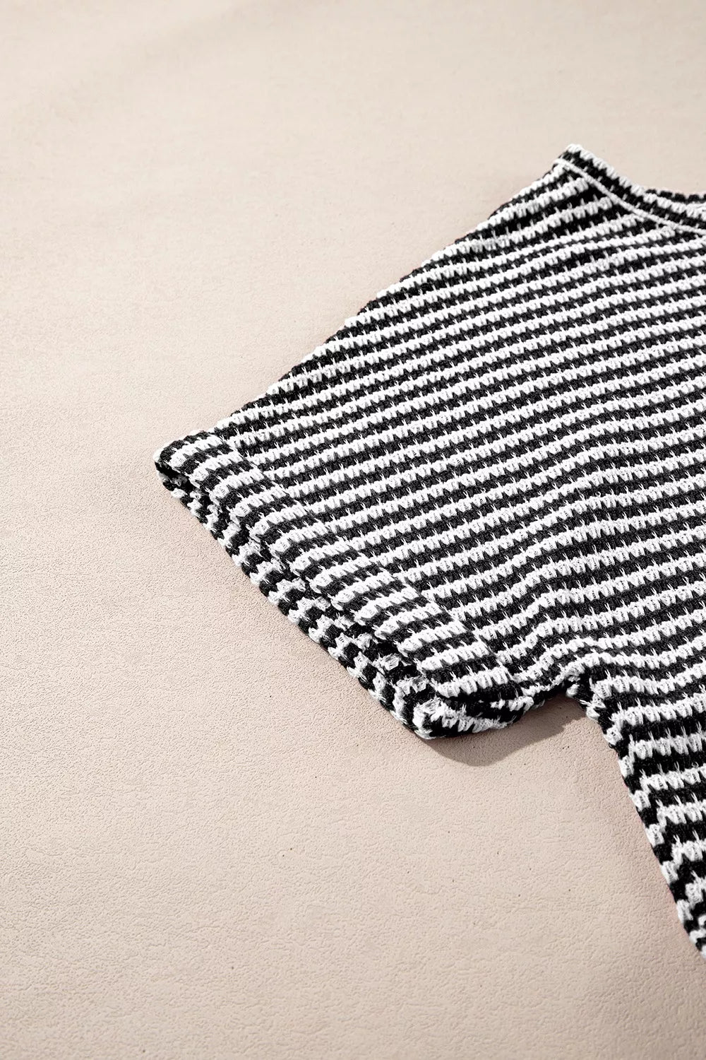 Stripe Textured Knit Notched Neck Cuffed Short Sleeve Shirt