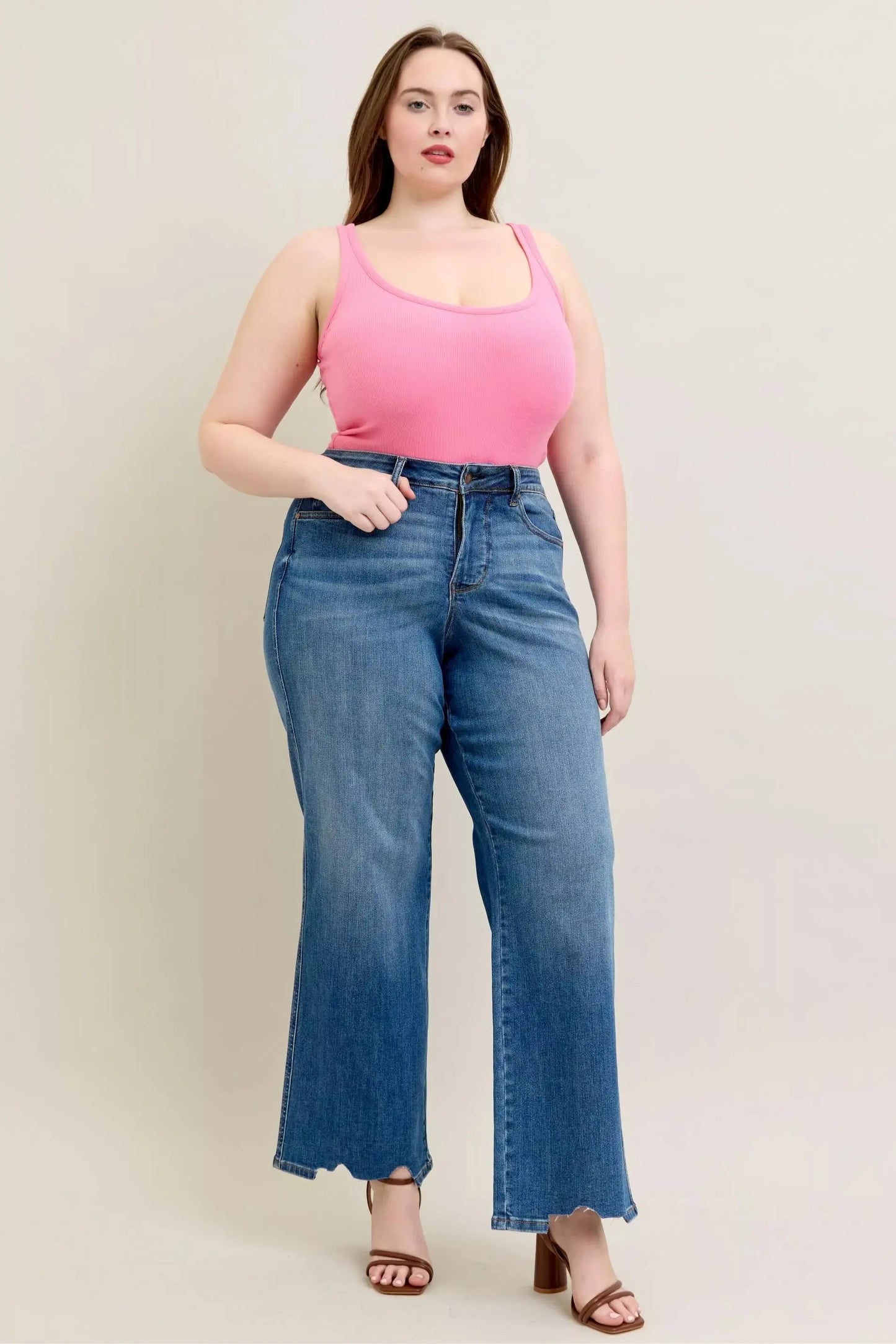 Judy Blue Full Size High Waist Tummy Control Destroy Wide Leg Jeans with Chew Hem