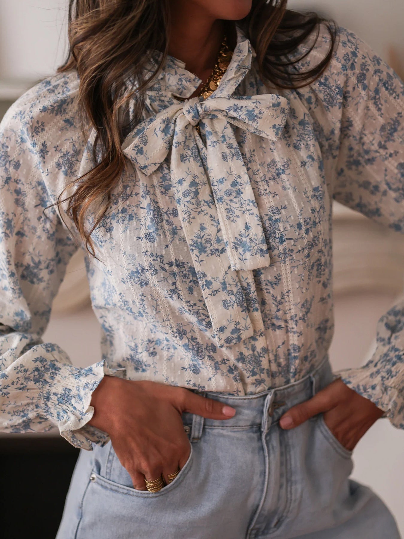 Floral Print Tie Neck Long Sleeve Blouse