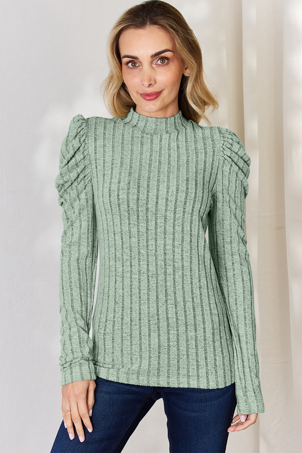 Women's Mock Neck Top Trendsi Women's Ribbed Mock Neck Puff Sleeve Top Long Sleeve