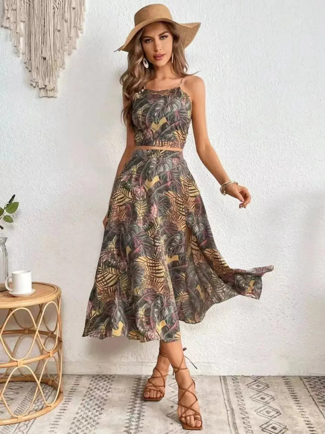 Tropical Leaf Print Two Piece Midi Skirt Set