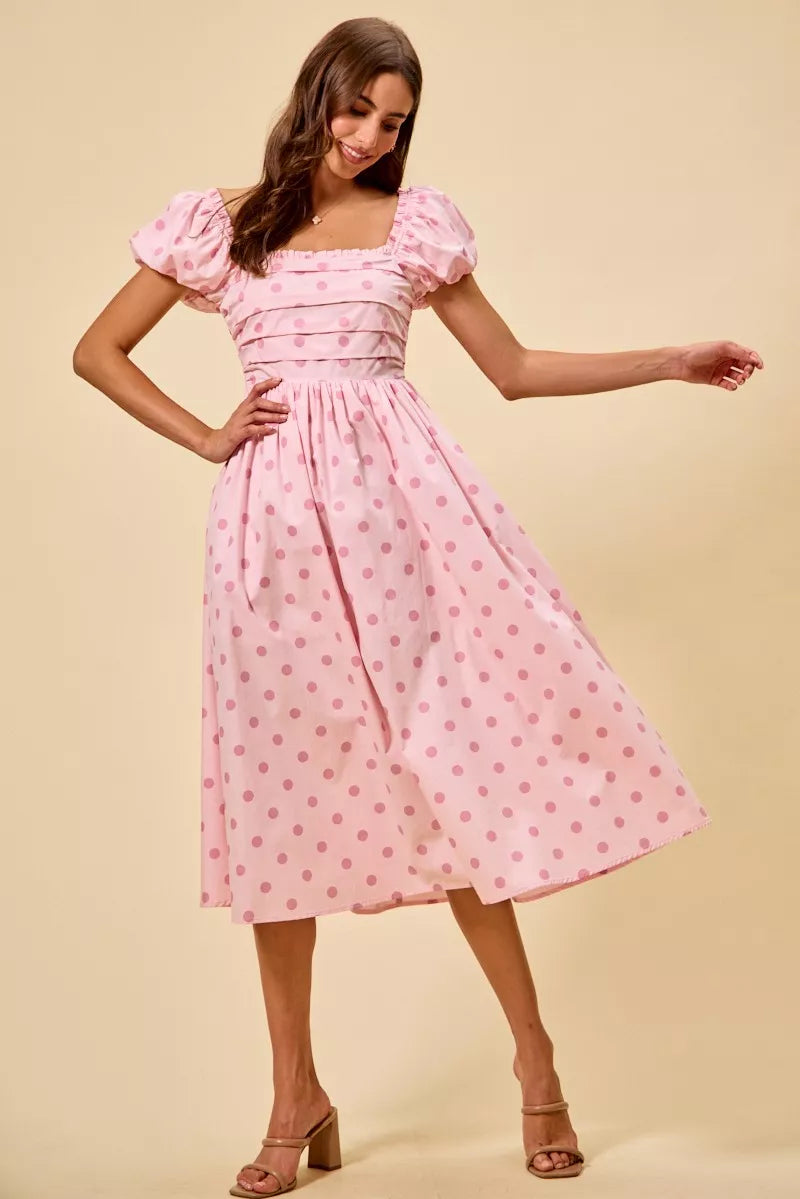 Polka Cotton Print Short Sleeves Pink Midi Dress