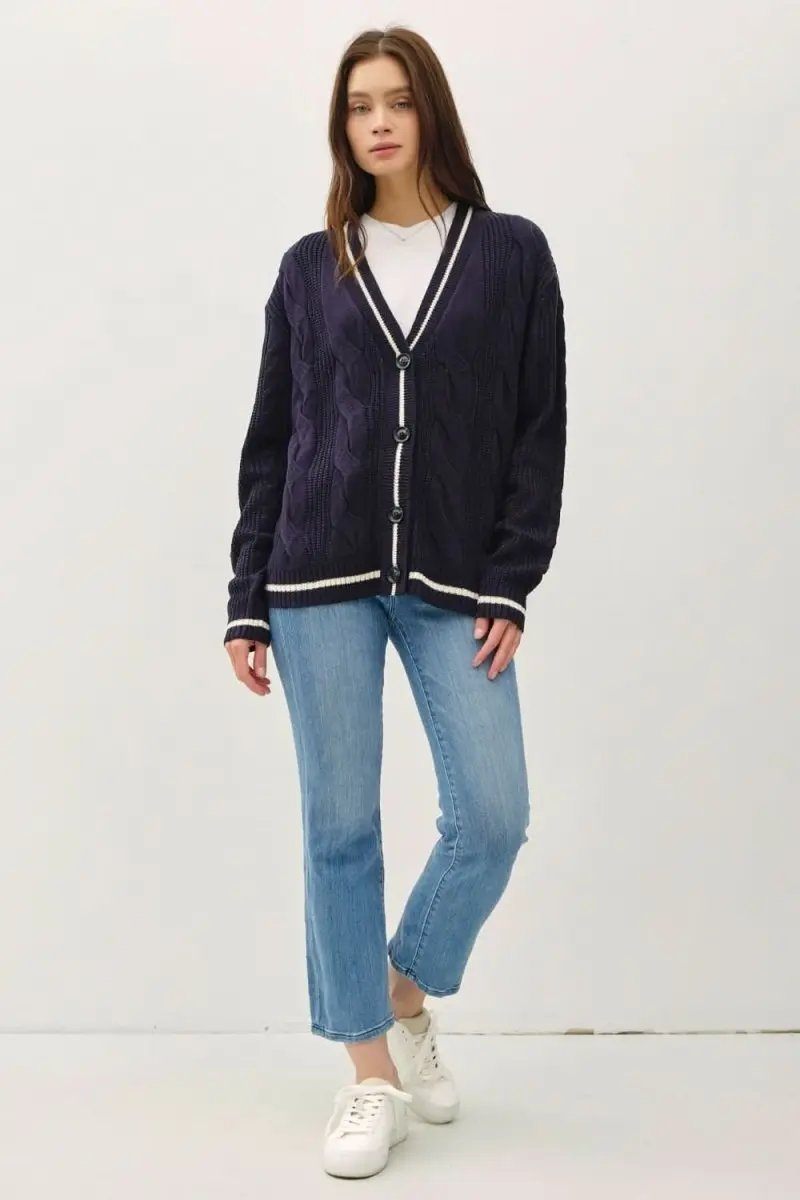 T-Shirts Be Cool Contrast Trim Cable-Knit V-Neck Cardigan by Trendsi