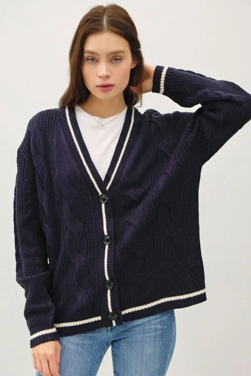 T-Shirts Be Cool Contrast Trim Cable-Knit V-Neck Cardigan by Trendsi