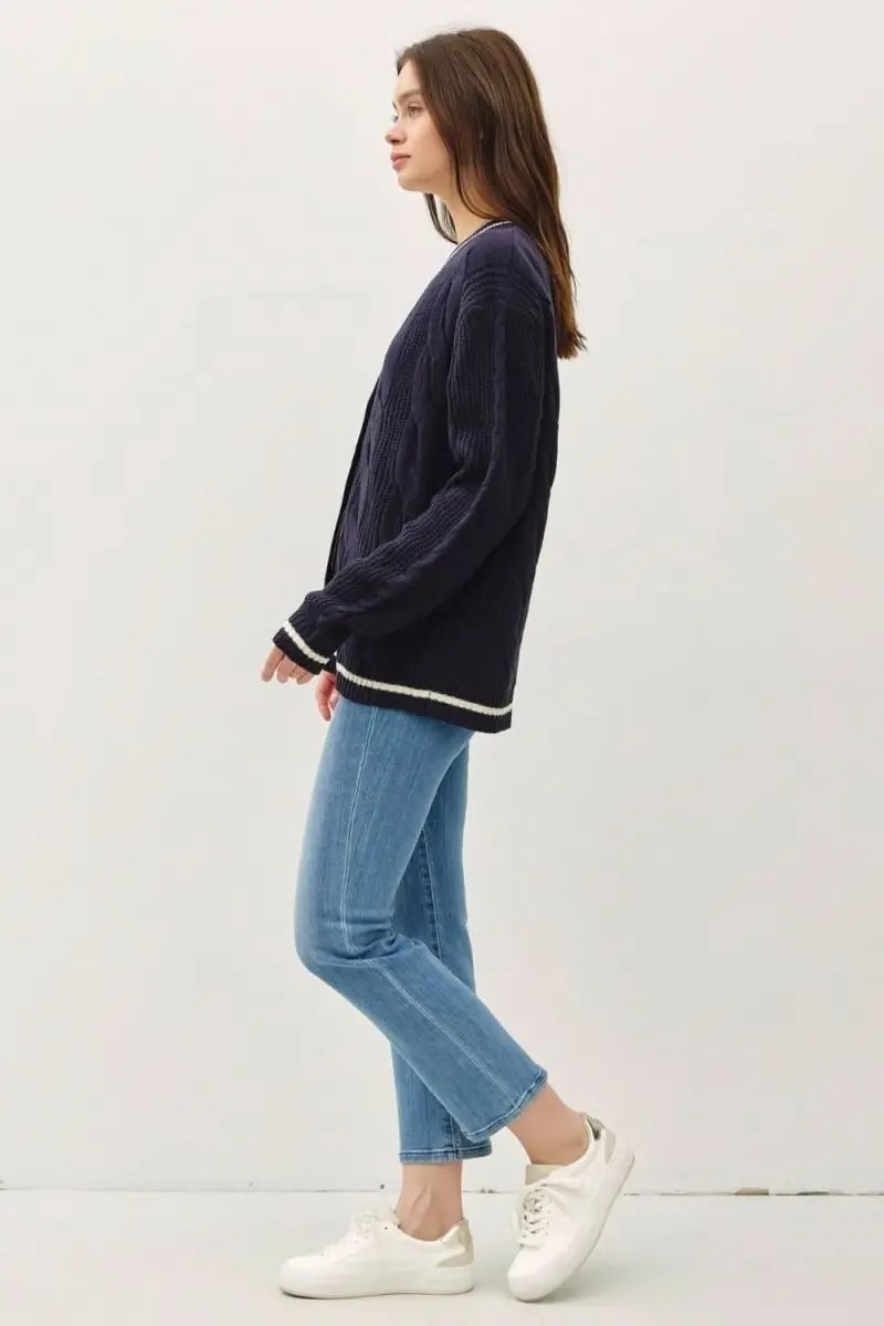 T-Shirts Be Cool Contrast Trim Cable-Knit V-Neck Cardigan by Trendsi