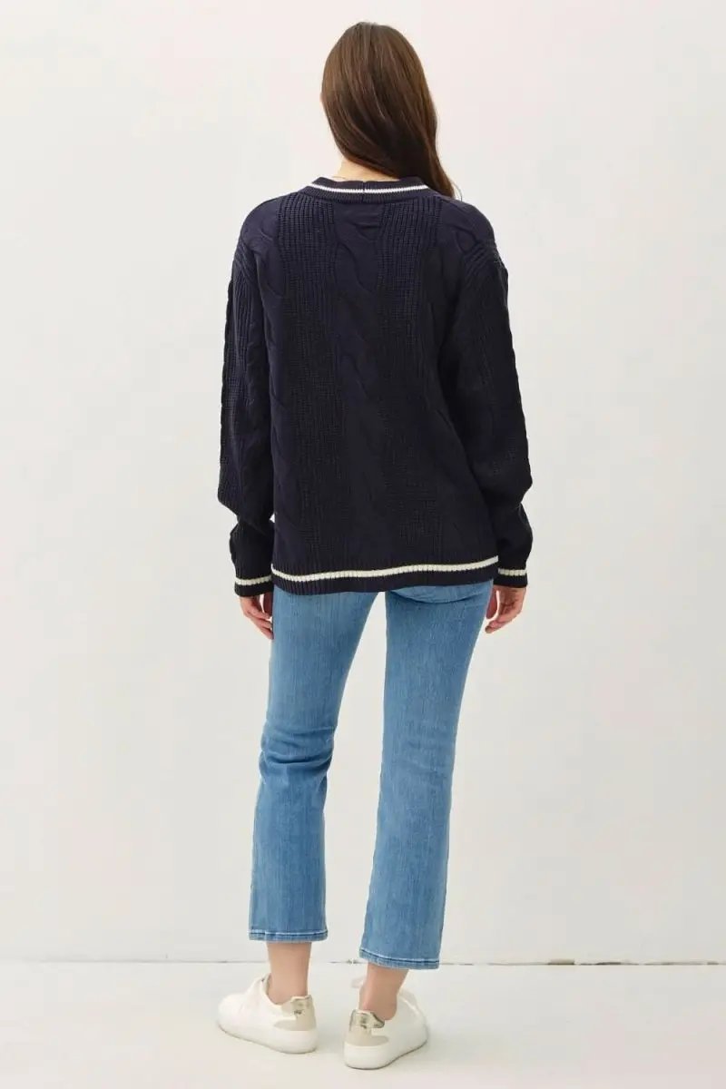 T-Shirts Be Cool Contrast Trim Cable-Knit V-Neck Cardigan by Trendsi