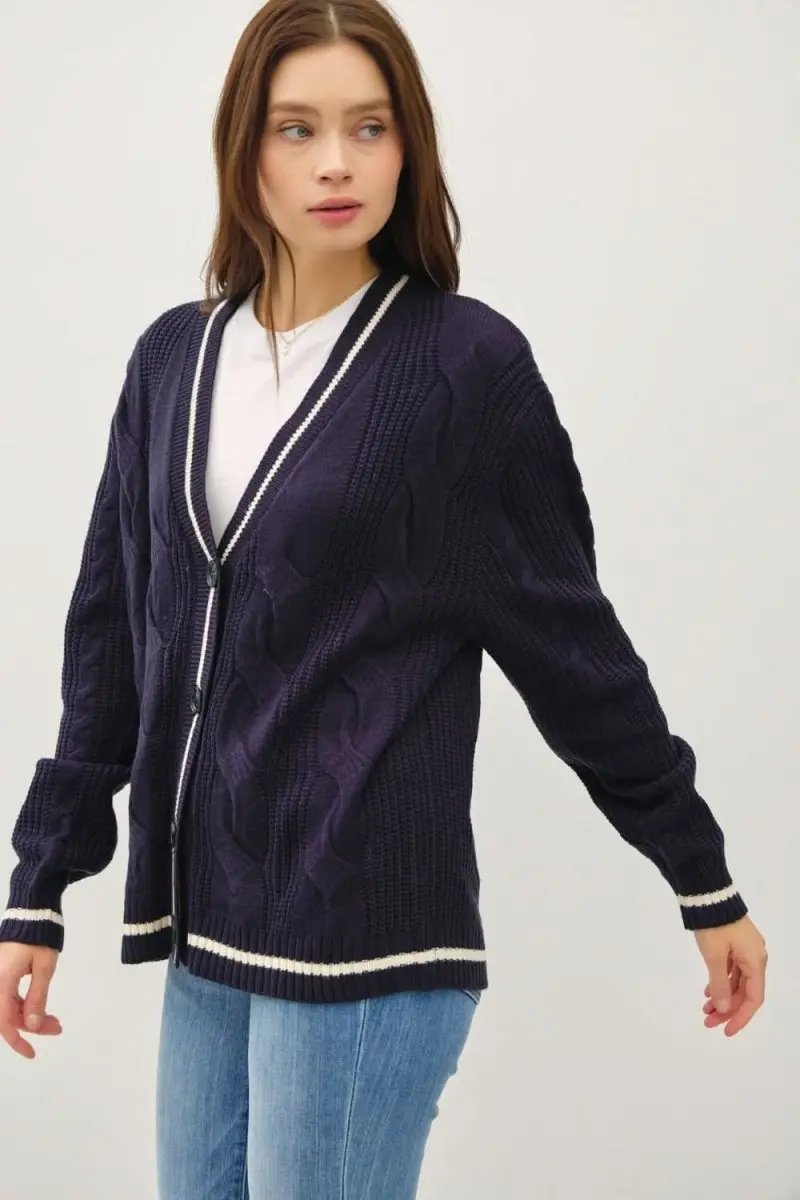 T-Shirts Be Cool Contrast Trim Cable-Knit V-Neck Cardigan by Trendsi