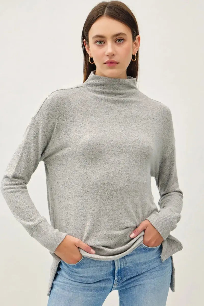 T-Shirts Trendsi Be Cool Side Slit Mock Neck Long Sleeve Tunic Top