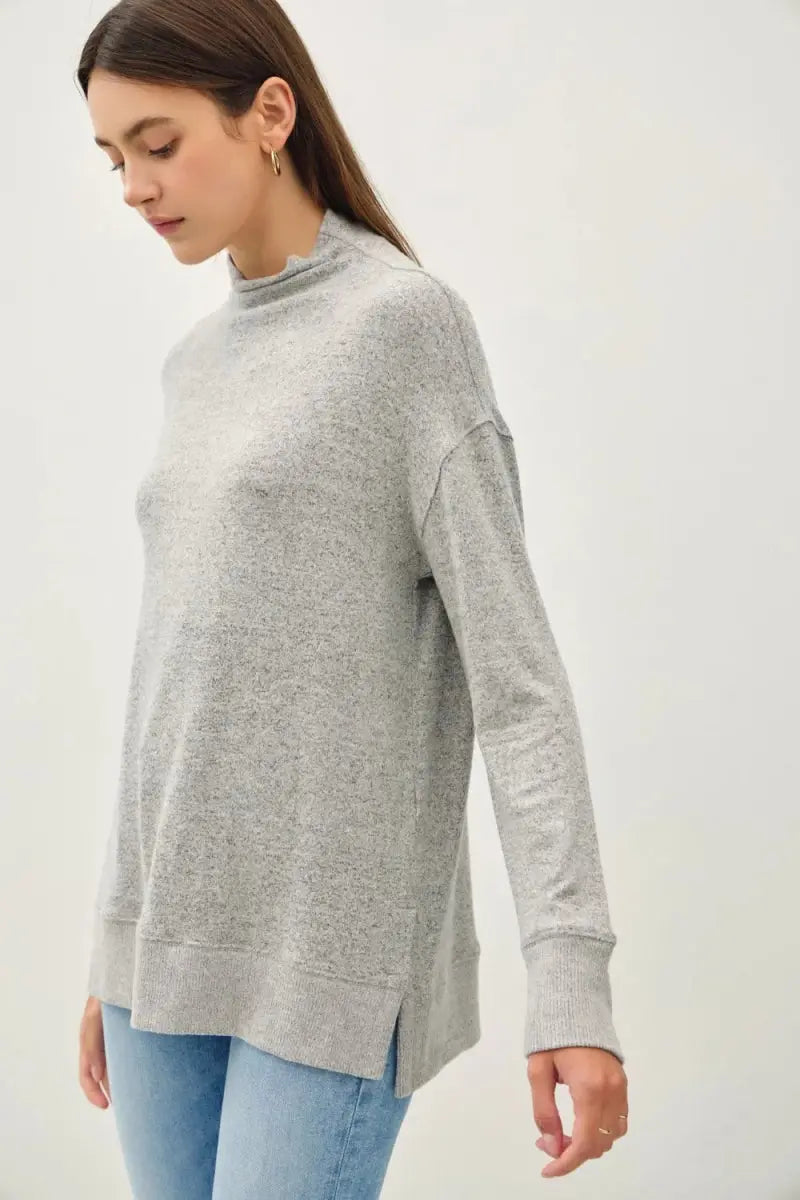T-Shirts Trendsi Be Cool Side Slit Mock Neck Long Sleeve Tunic Top