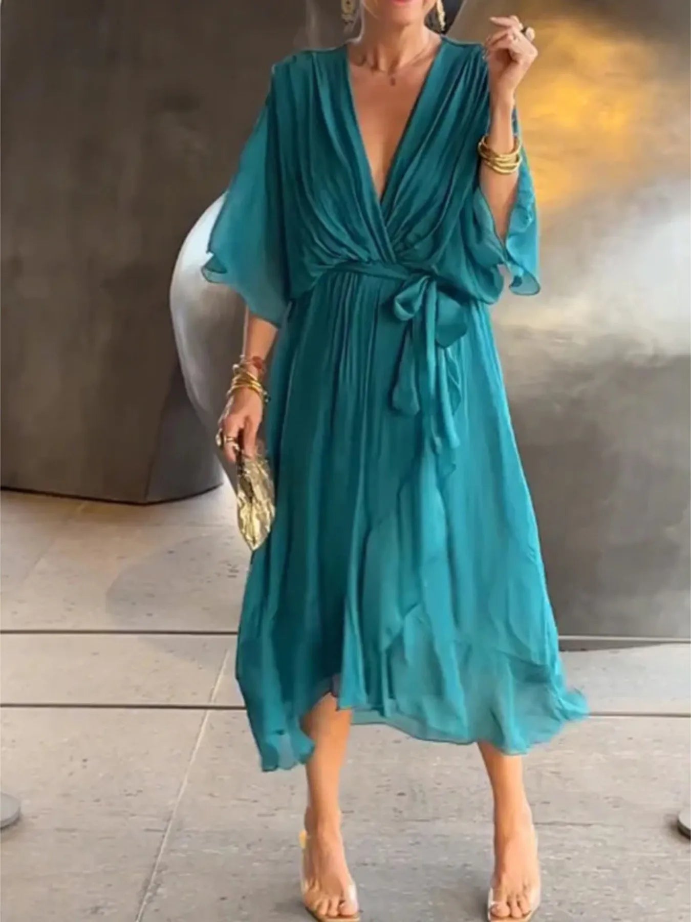 Flowy Tie Front Midi Dress with Flutter Sleeves