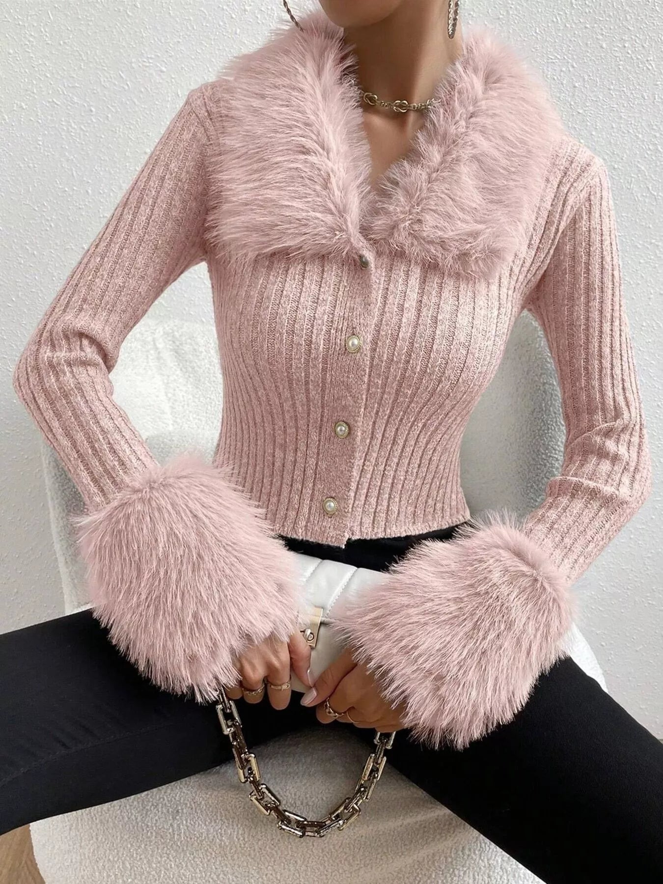 Faux Fur Trim Ribbed Knit Cropped Cardigan