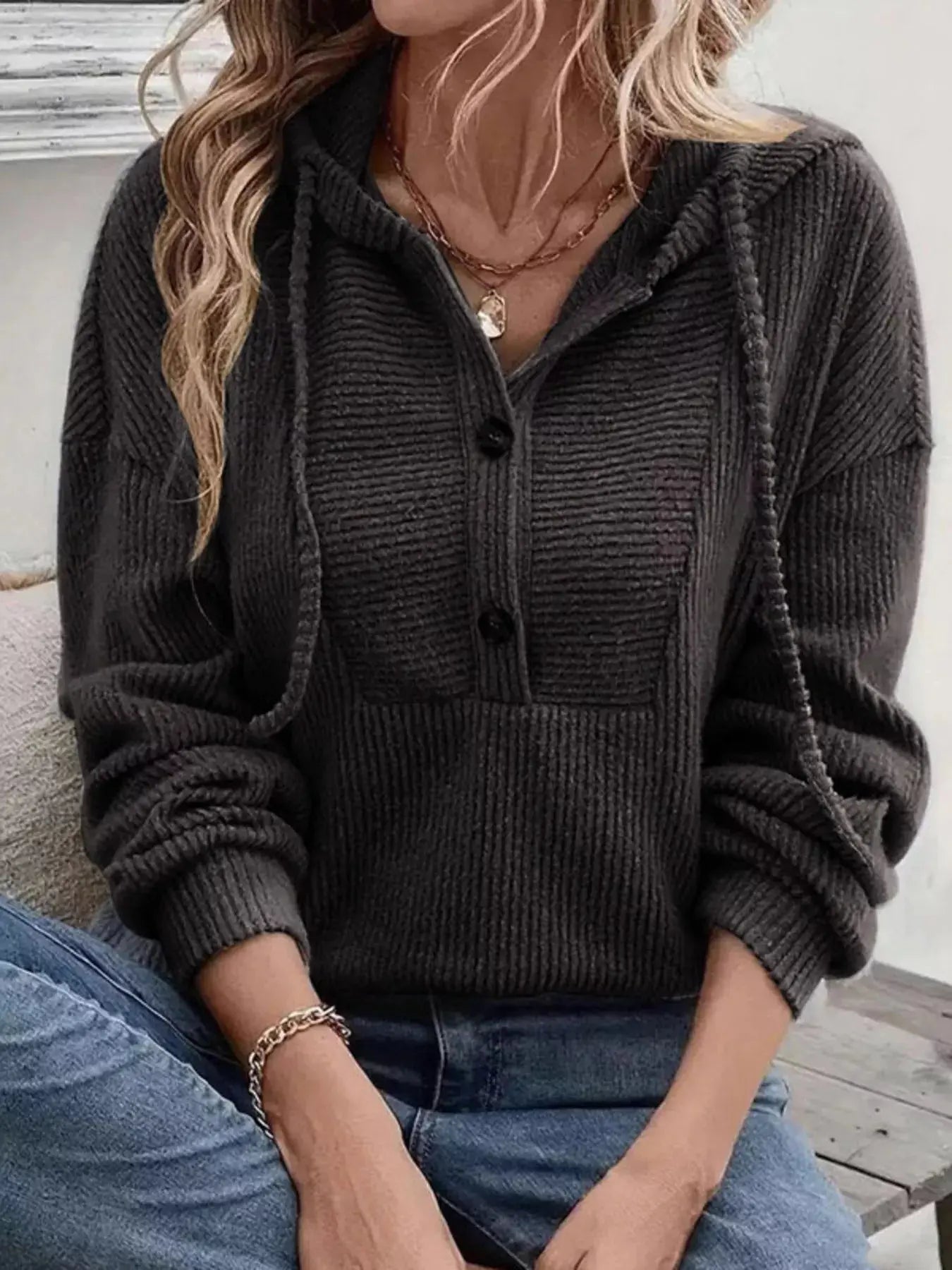 Button Front Drawstring Hoodie