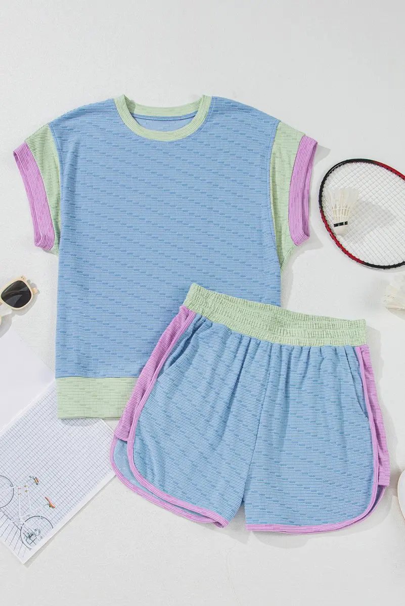 T-Shirts Love Salve  Beau Blue Corded Knit Contrast Trim Round Neck