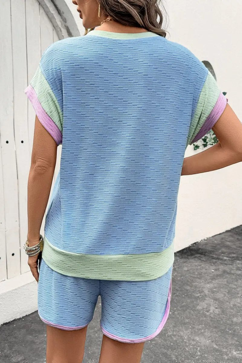 T-Shirts Love Salve  Beau Blue Corded Knit Contrast Trim Round Neck
