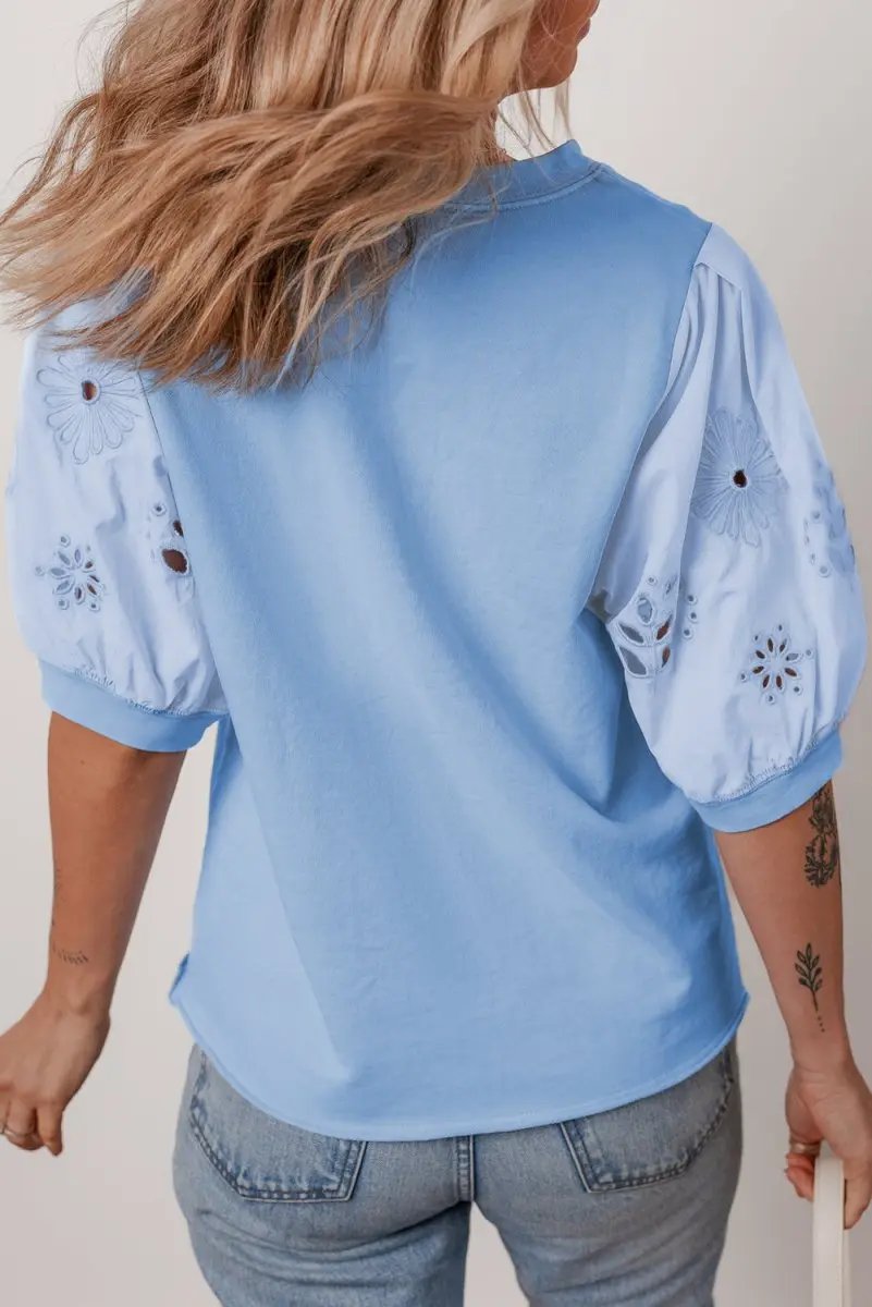 Pants Love Salve  Beau Blue Eyelet Flower Embroidered Puff Short