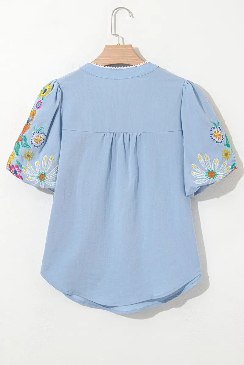 Accessories Love Salve  Beau Blue Floral Embroidered Puff Sleeve Split
