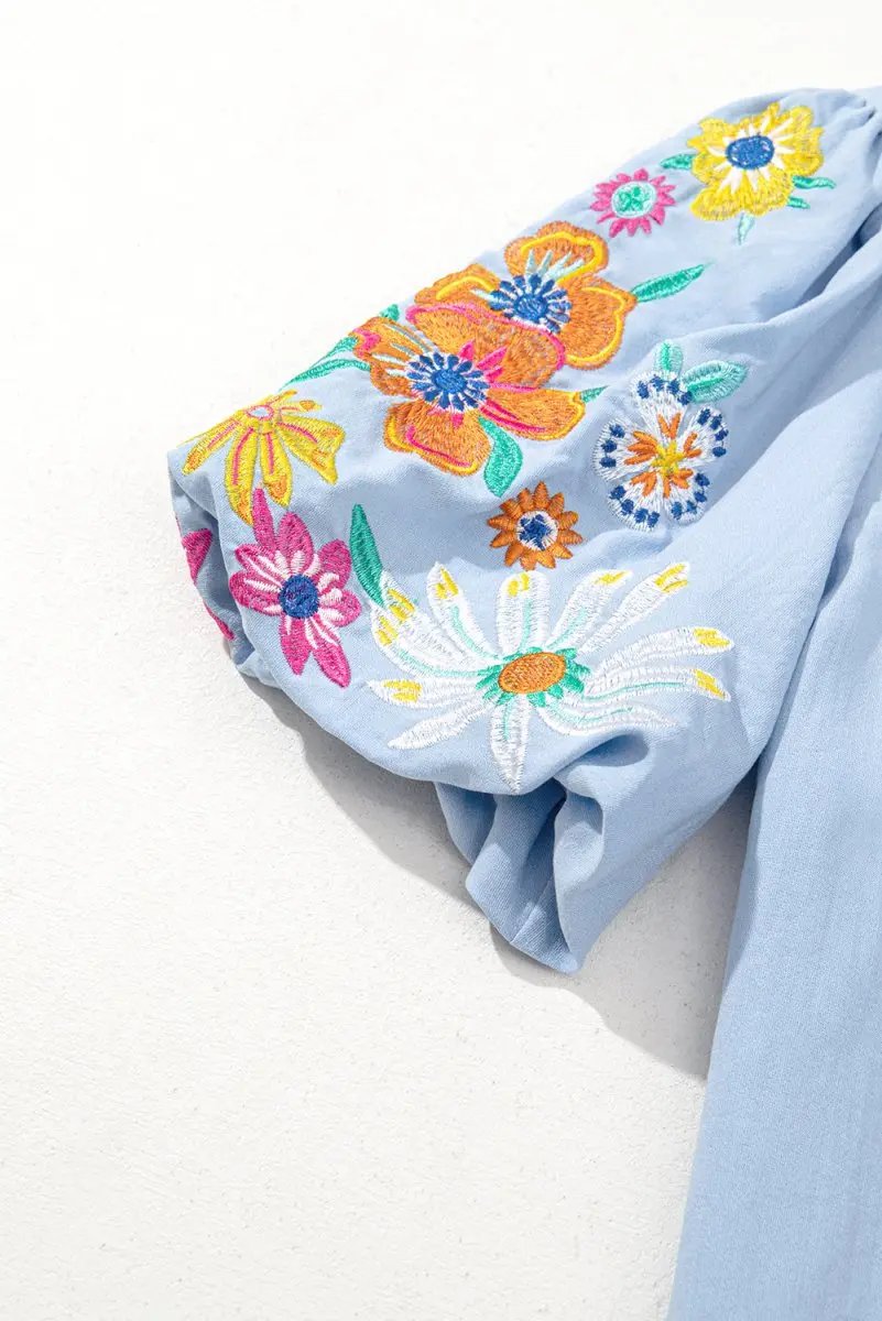 Accessories Love Salve  Beau Blue Floral Embroidered Puff Sleeve Split