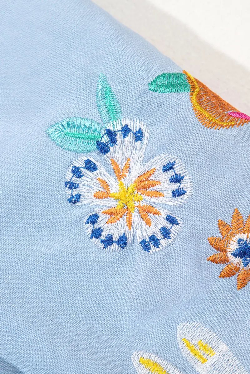 Accessories Love Salve  Beau Blue Floral Embroidered Puff Sleeve Split