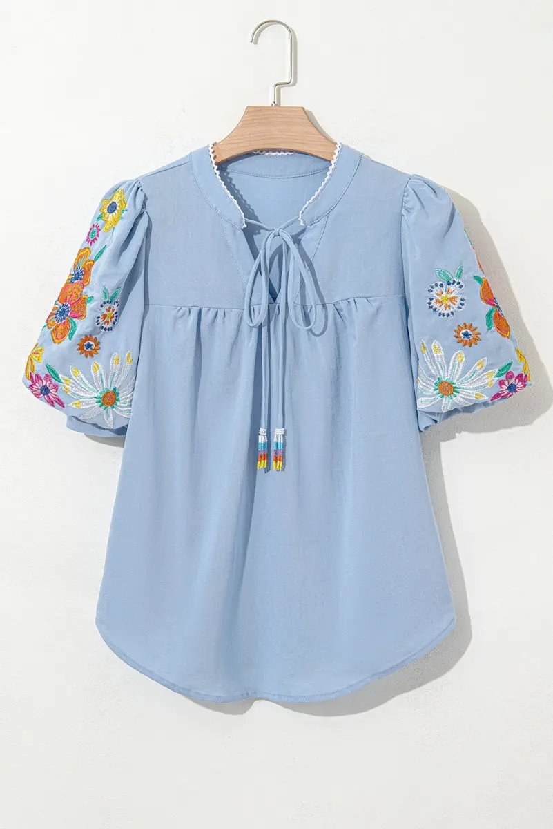 Accessories Love Salve  Beau Blue Floral Embroidered Puff Sleeve Split