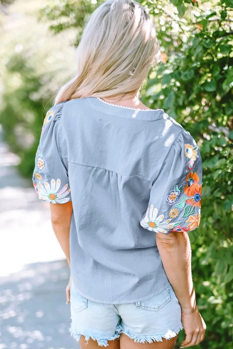 Accessories Love Salve  Beau Blue Floral Embroidered Puff Sleeve Split