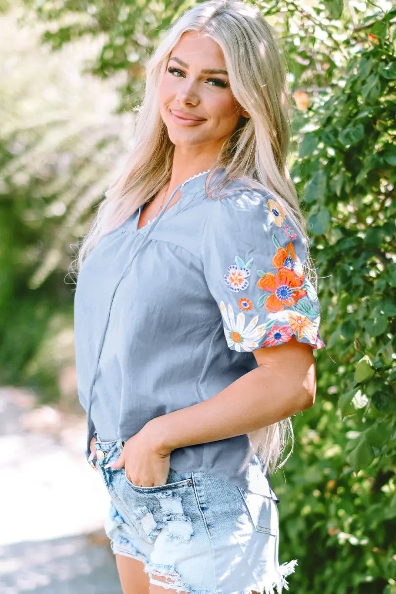 Accessories Love Salve  Beau Blue Floral Embroidered Puff Sleeve Split