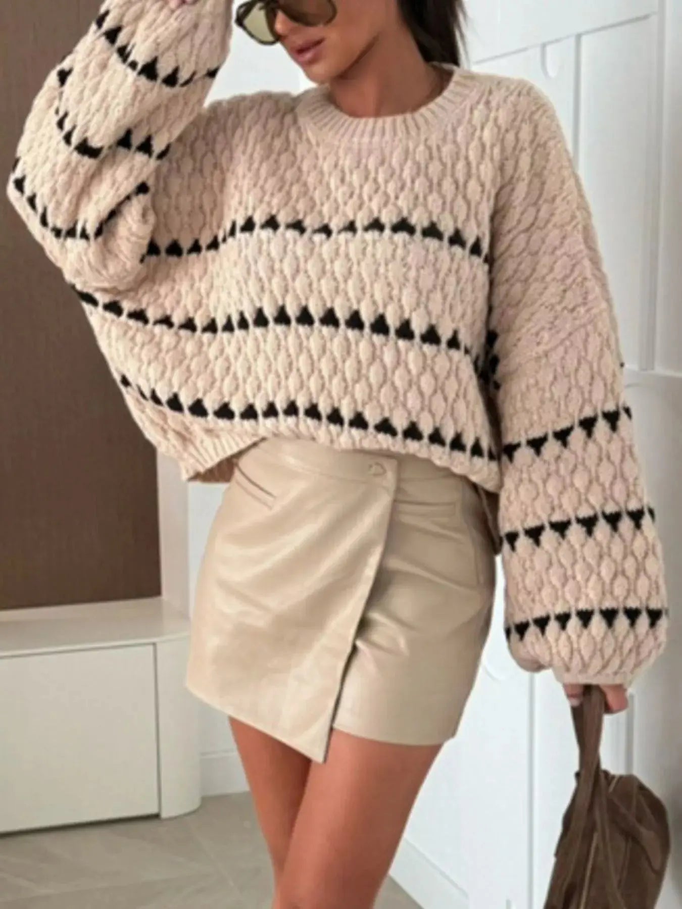 Striped Chunky Knit Sweater with Balloon Sleeves