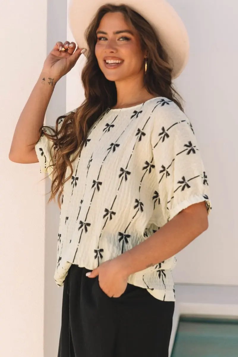 Accessories Love Salve  Beige Bow Print Puff Short Sleeve Top for Women