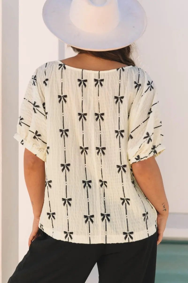 Accessories Love Salve  Beige Bow Print Puff Short Sleeve Top for Women